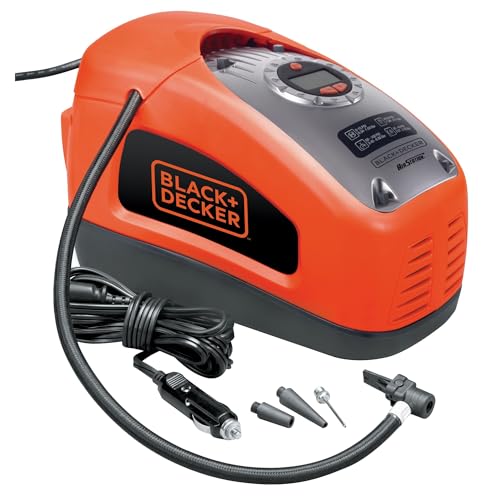 Black+Decker Kompressor (11 bar / 160PSI, Luftpumpe, digitale Druckeinstellung, Kabelfächer, beleuchtete Skala, inklusive 3 Ventil-Aufsätzen, Einstellring für BAR-Zahl, ASI300) mehrfarbig rot/schwarz